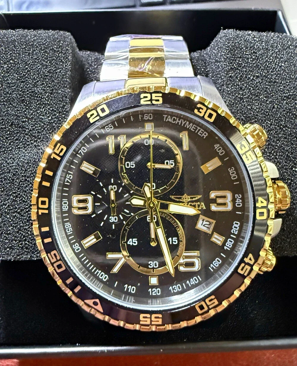 Invicta Men’s Two-Tone Chronograph Watch Black Dial Tachymeter Date Box